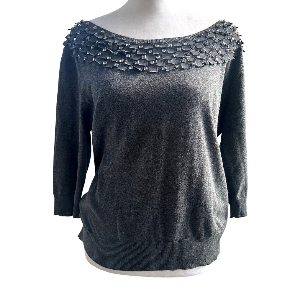 Magaschoni‎ Sculptural Knit Sweater Medium Cotton Cashmere Dark Gray Beaded
